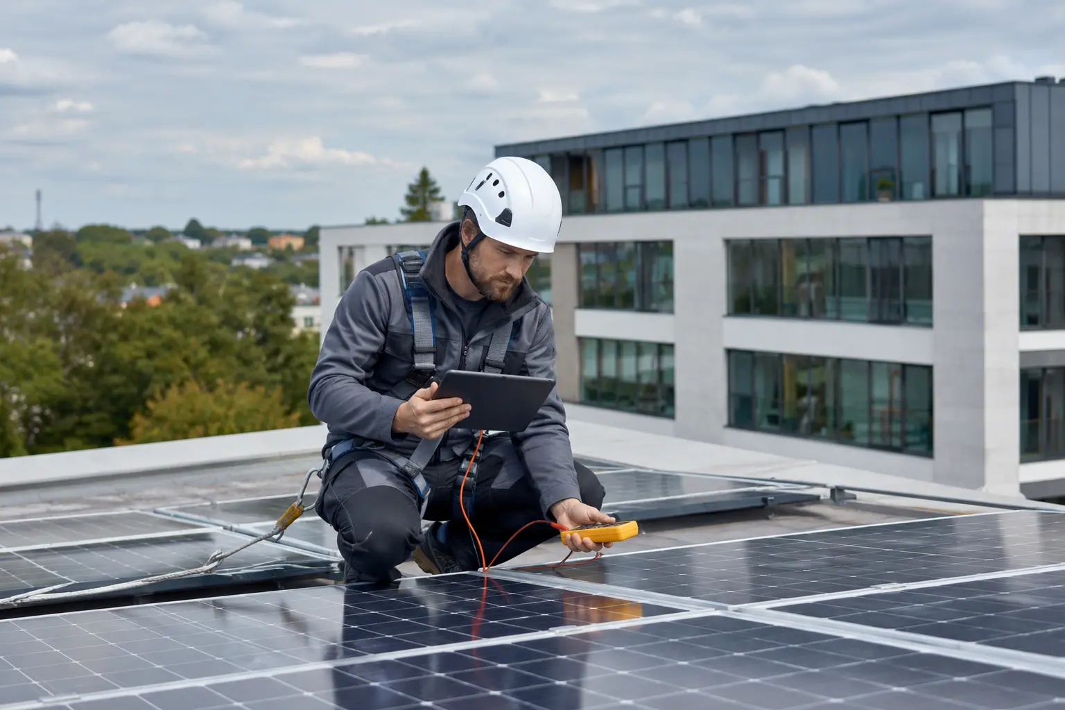 Techniker prüft eine Photovoltaikanlage mit Tablet und Messgerät