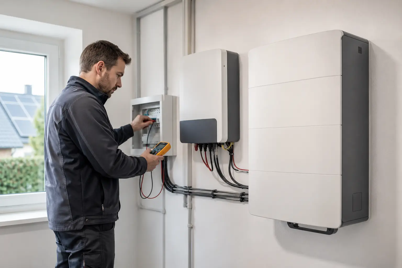 Elektrofachkraft prüft einen nachgerüsteten Stromspeicher im Technikraum