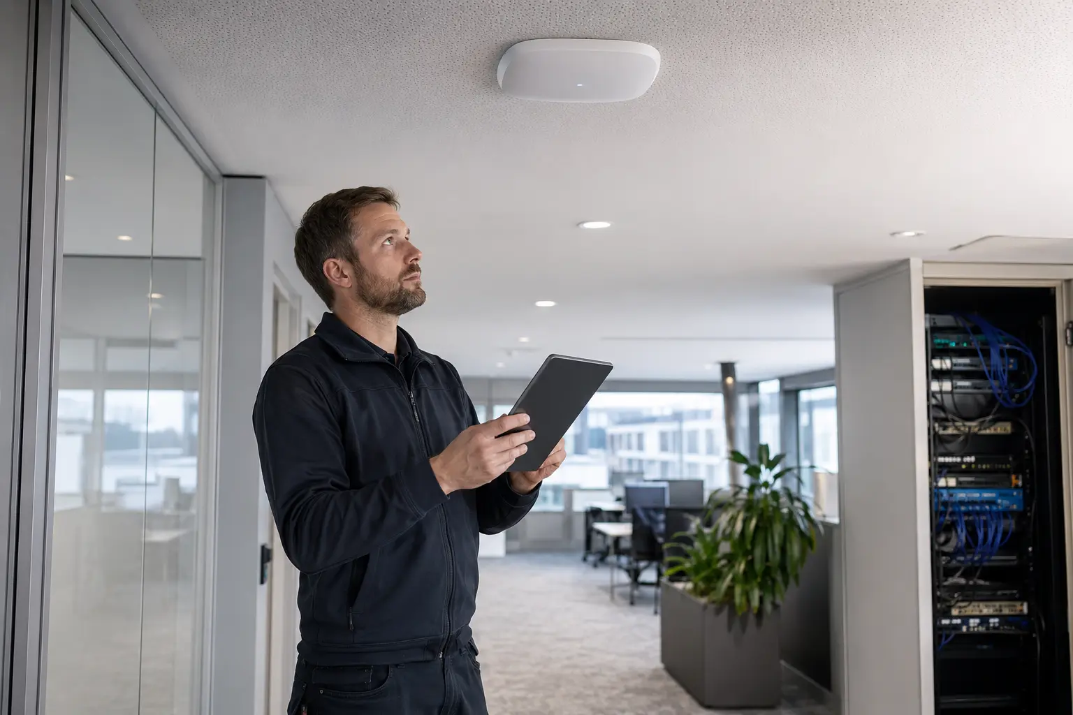 Netzwerktechniker prüft einen Decken-Access-Point in einem Gewerbegebäude